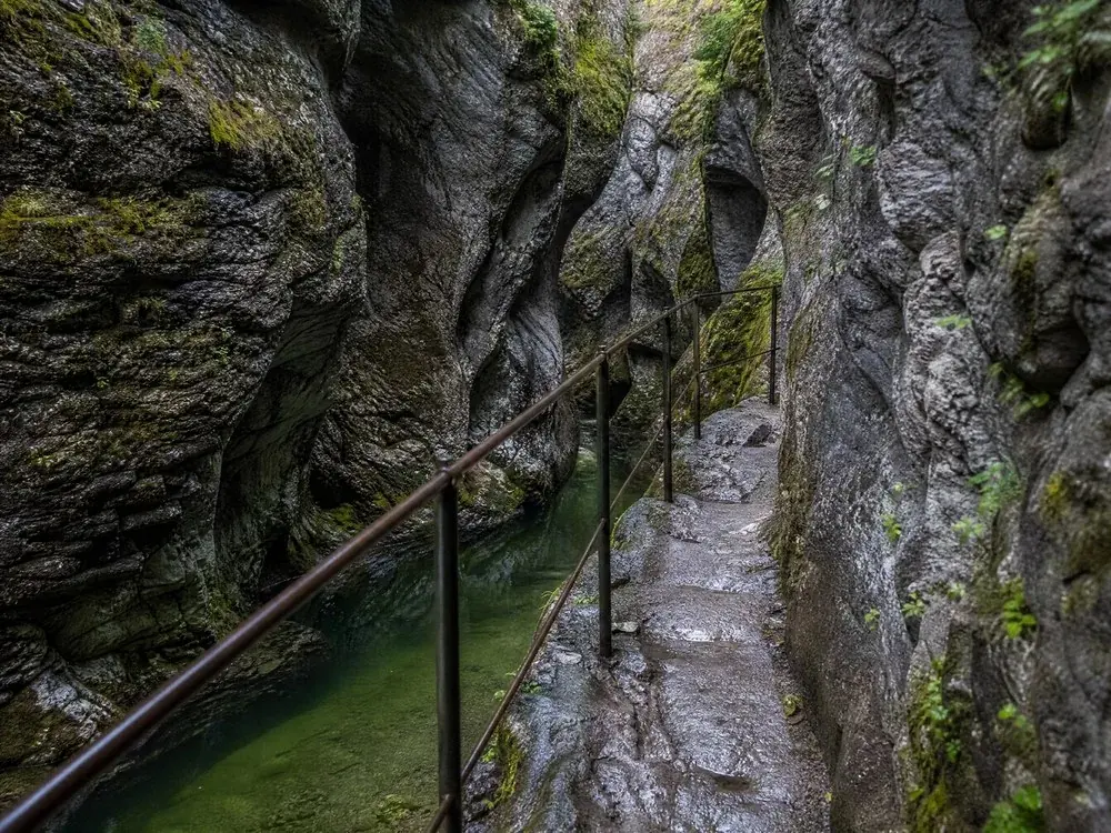 A rock-cut footpath with a metal handrail above green water